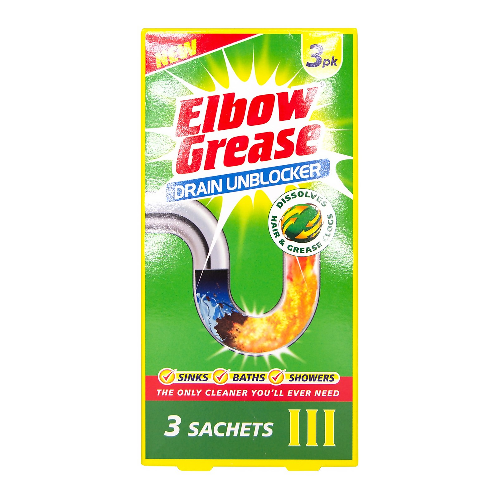 Bright green packaging featuring "Elbow Grease Drain Unblocker" in bold red and yellow text, with a graphic of a drain and flames, indicating it contains 3 sachets for sinks, baths, and showers.