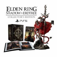 Collector's Edition of "Elden Ring: Shadow of the Erdtree" featuring a detailed statue, a hardcover art book, and a game case, all with dark, rich colors and intricate designs.
