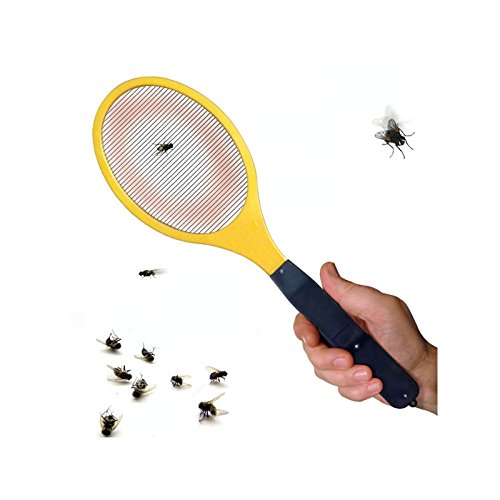 Electric fly swatter with a yellow oval head, black handle, and a grid pattern, shown in use with several flies around it.