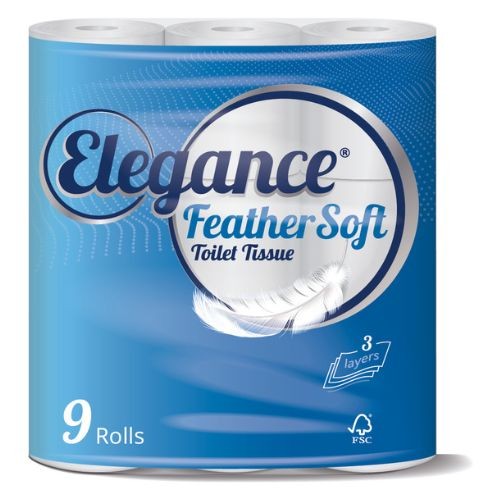 Blue packaging featuring the Elegance logo, showcasing a 9-pack of Feather Soft toilet rolls with a 3-ply design and a feather graphic for softness.