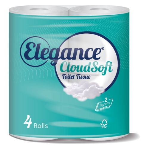 Four rolls of Elegance Cloud Soft Toilet Tissue, featuring a turquoise packaging with a cloud design, labeled as 2-ply and FSC certified.