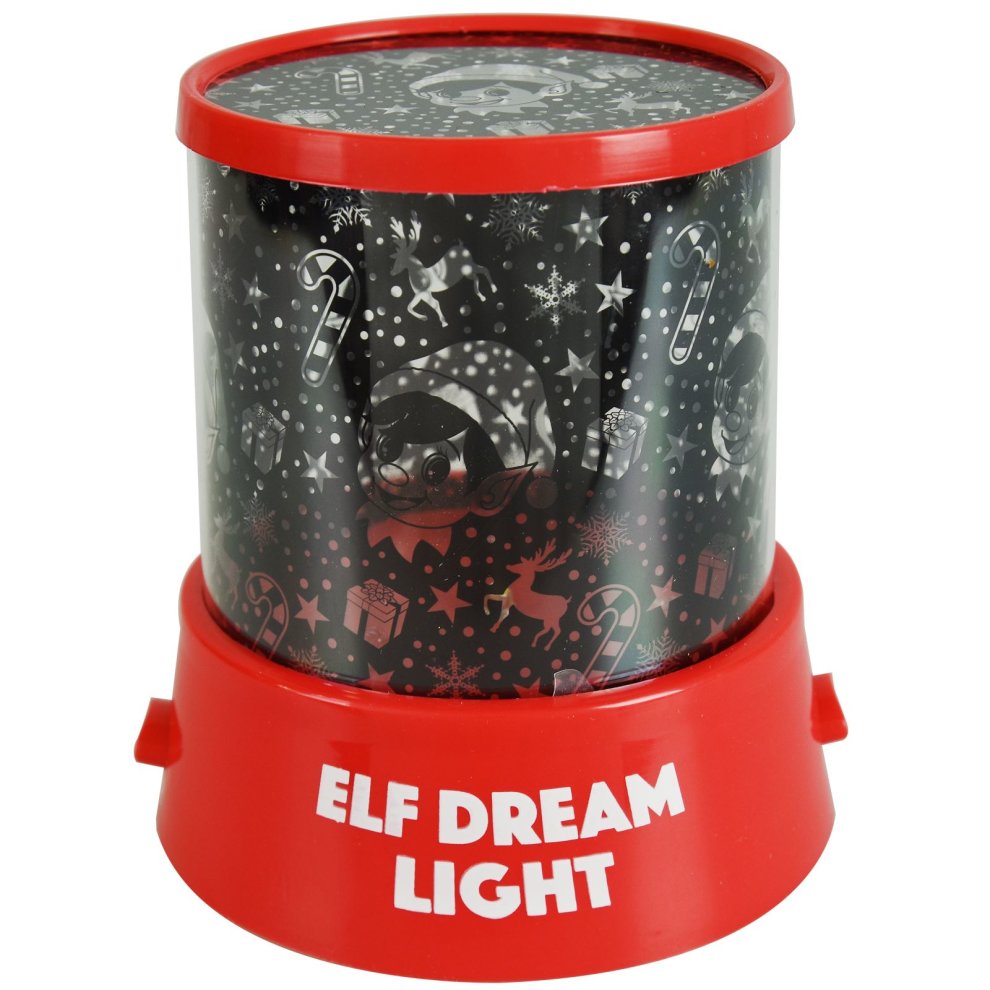 A cylindrical night light with a black patterned shade featuring candy canes and stars, set on a bright red base labeled "ELF DREAM LIGHT."