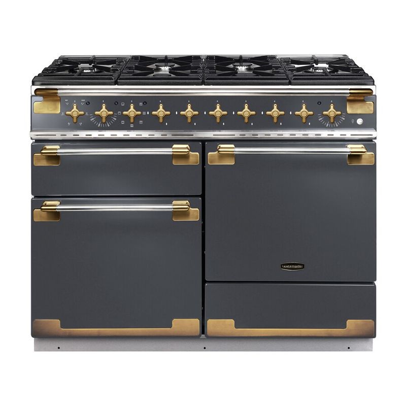 Slate-colored dual fuel range cooker with brass accents, featuring five gas burners, a large oven, and a smaller oven, all with stylish knobs and handles.