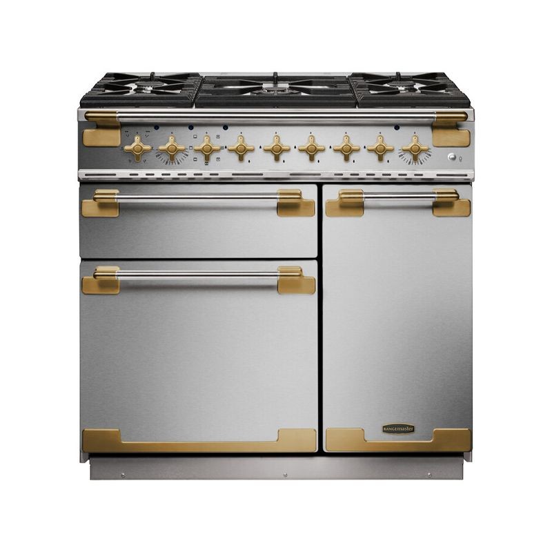 Stainless steel Rangemaster ELISE 90cm dual fuel range cooker featuring five gas burners, a stylish brass trim, and two spacious ovens with elegant handles.
