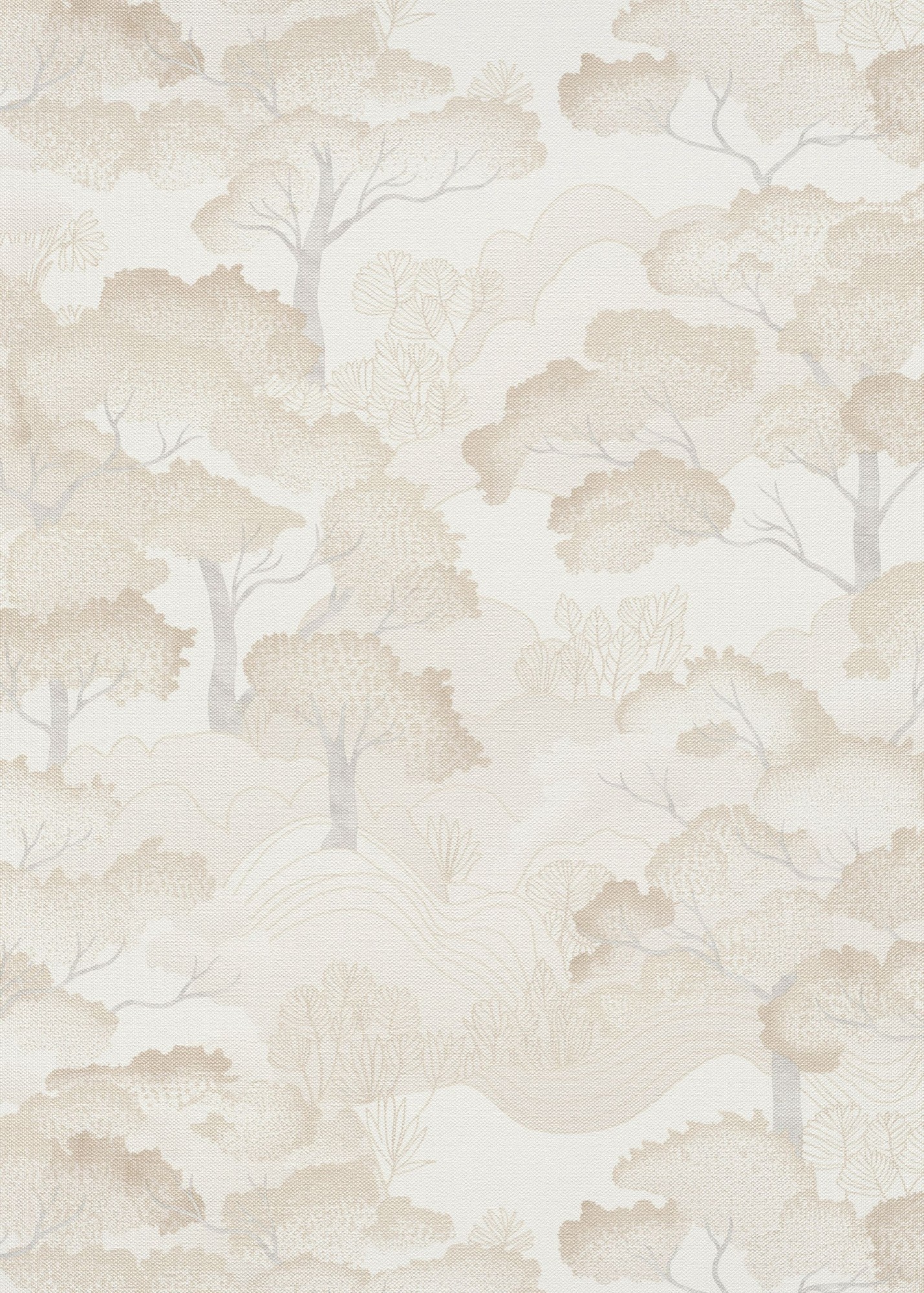 Beige wallpaper featuring a serene nature motif with soft trees and delicate foliage, creating a subtle, textured appearance.