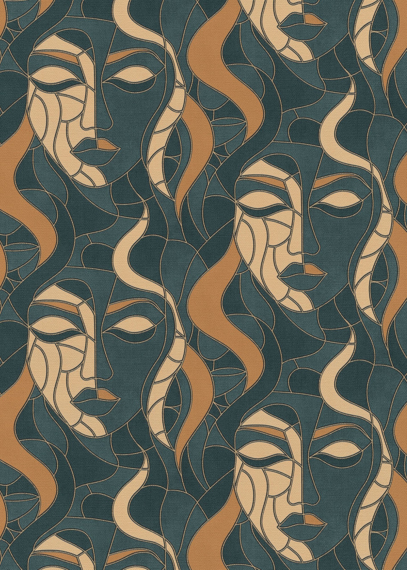Art-Déco wallpaper featuring a petrol background with abstract faces in cream and brown tones, showcasing flowing hair and geometric line work.