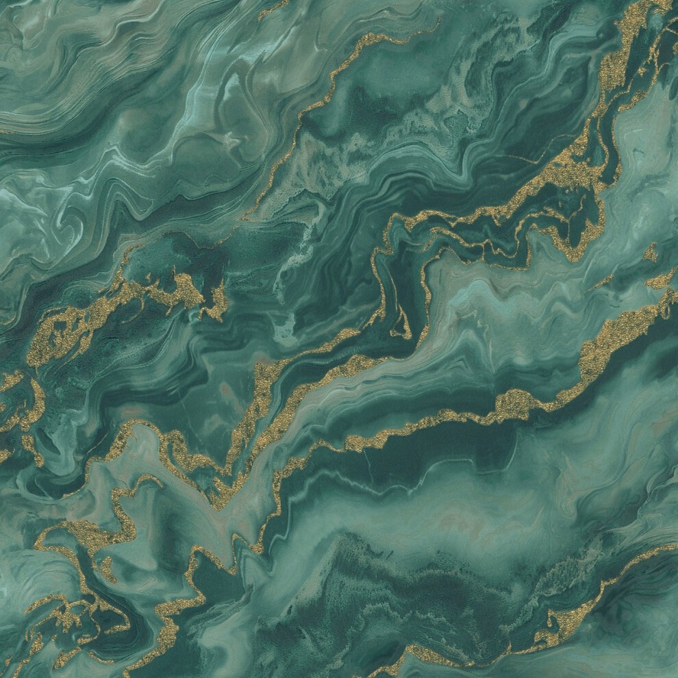 Mystic Spell Marble Textured Vinyl Wallpaper features rich teal and emerald swirls with striking gold accents, creating a luxurious and elegant design.