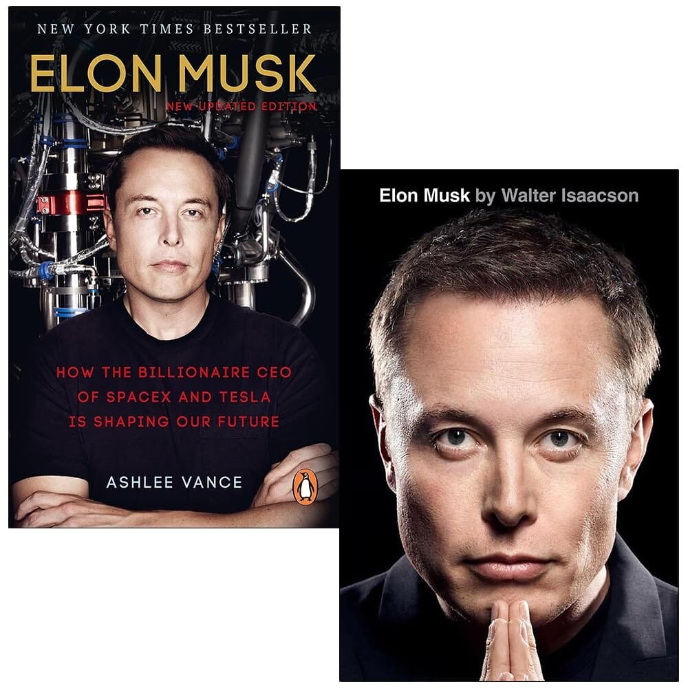 Two book covers featuring Elon Musk: one with a black background and a close-up of Musk, the other with a portrait of Musk in a suit, both highlighting their titles and authors.
