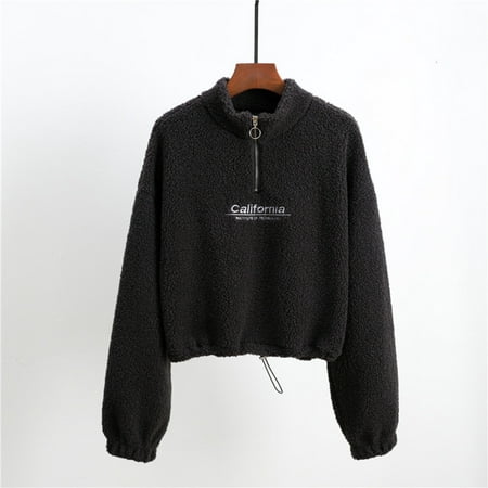 Black fuzzy shearling pullover sweatshirt with a half-zip collar, featuring a cropped fit and "California" text on the front, ideal for winter wear.