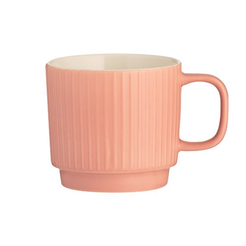 Coral-colored ceramic mug with embossed vertical lines, featuring a sturdy handle and a smooth, cream-colored interior, holding 355ml.