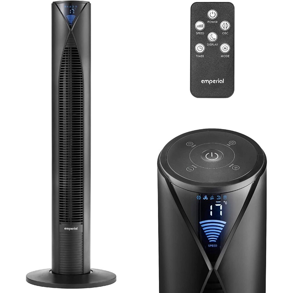 Sleek black Emperial 38" tower fan with a digital display, touch controls on top, and a remote control, featuring multiple speed settings and a timer function.