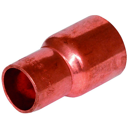 Copper endfeed fitting reducer, featuring a smooth, shiny surface, with one end measuring 22mm and the other 35mm, designed for plumbing applications.