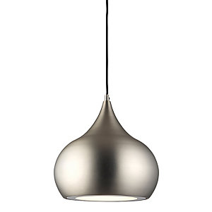 Matt nickel pendant light with a sleek, teardrop shape, featuring a smooth metallic finish and a black hanging cord, designed for modern interiors.