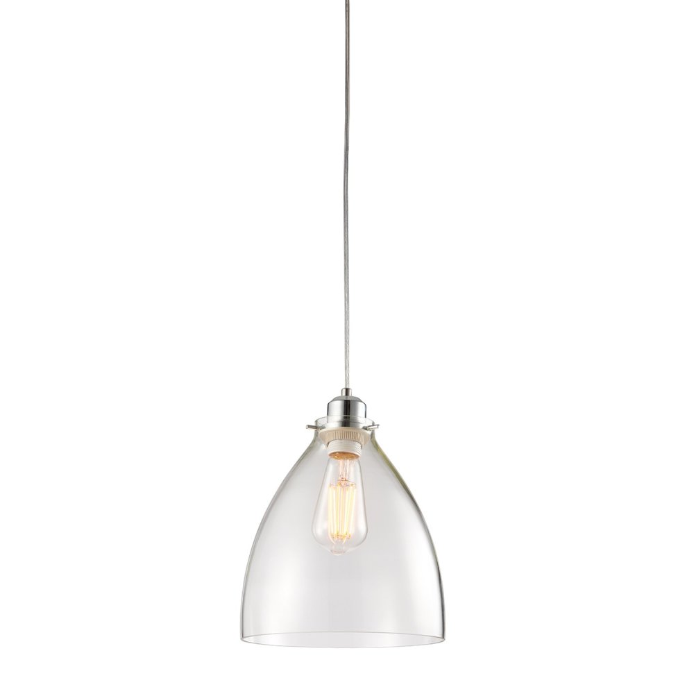 Clear glass lampshade with a bell shape, featuring a silver metal fitting and an exposed filament bulb, suspended by a cord.