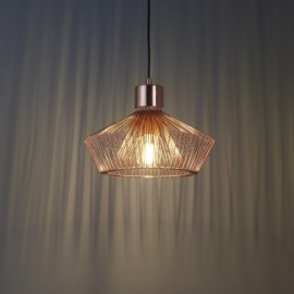 Copper plate pendant light with a geometric wire shade, featuring an E27 bulb, suspended from a black cord, casting soft shadows on the wall.
