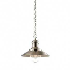 Silver pendant ceiling light with a wide, flared shade and a clear glass bulb, suspended by a chain, featuring a sleek, modern design.