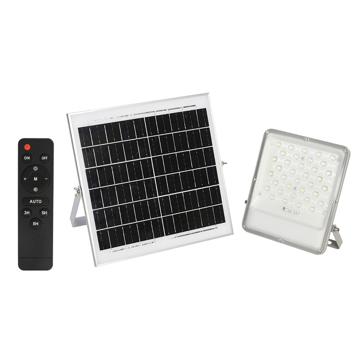 Ener-J 100W LED floodlight set includes a rectangular solar panel with black solar cells, a silver metal floodlight with multiple LEDs, and a remote control.