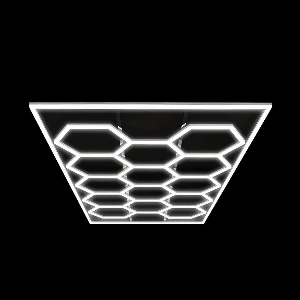 Bright white Ener-j 600W car showroom light featuring a hexagonal design with multiple T5 tubes, dimensions of 440mm x 23.6mm x 38.1mm and 1175mm x 23.6mm x 38.1mm, emitting 6500K light.