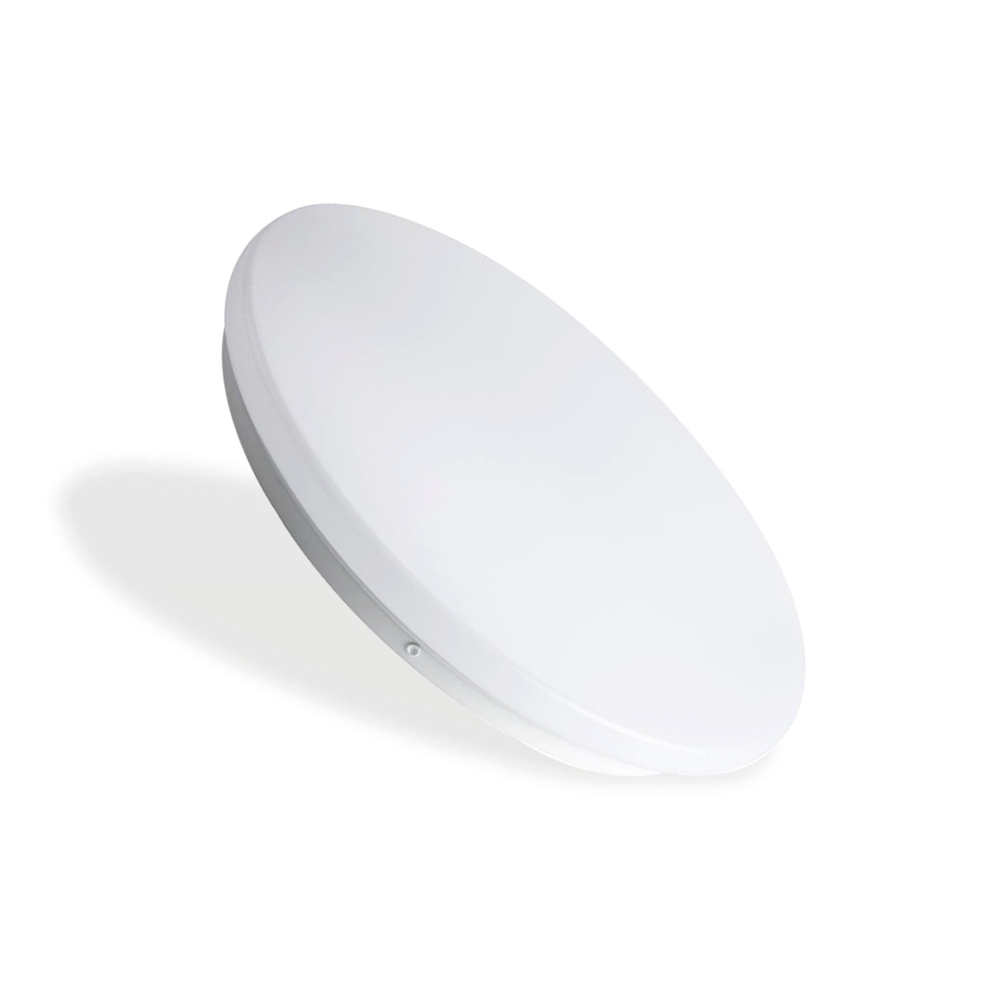Round, white ceiling light fixture with a sleek design, measuring 300mm in diameter and 55mm in height, featuring 18W power, 1440 lumens brightness, and CCT changeable capability.