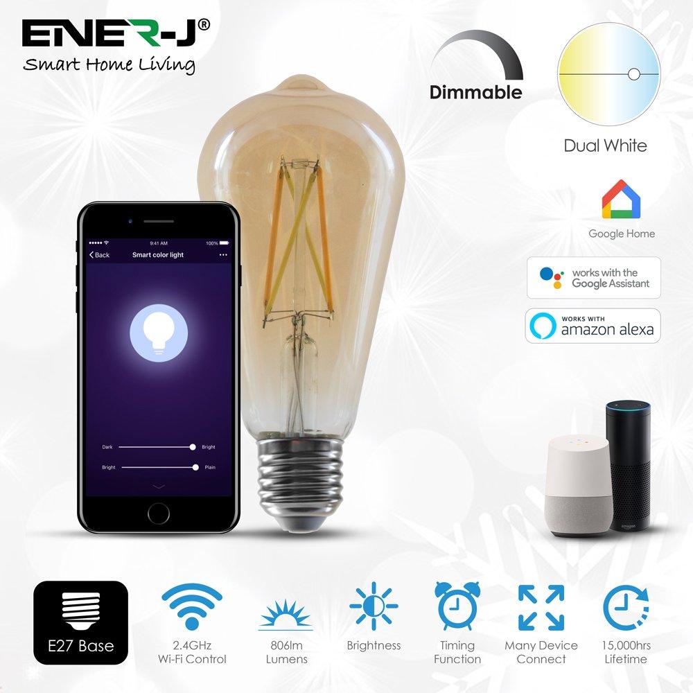 Amber glass ST64 filament bulb set of 3, 8.5W, 800Lm, adjustable color temperature 2700-6000K, dimmable, E27 base, compatible with smart home devices.