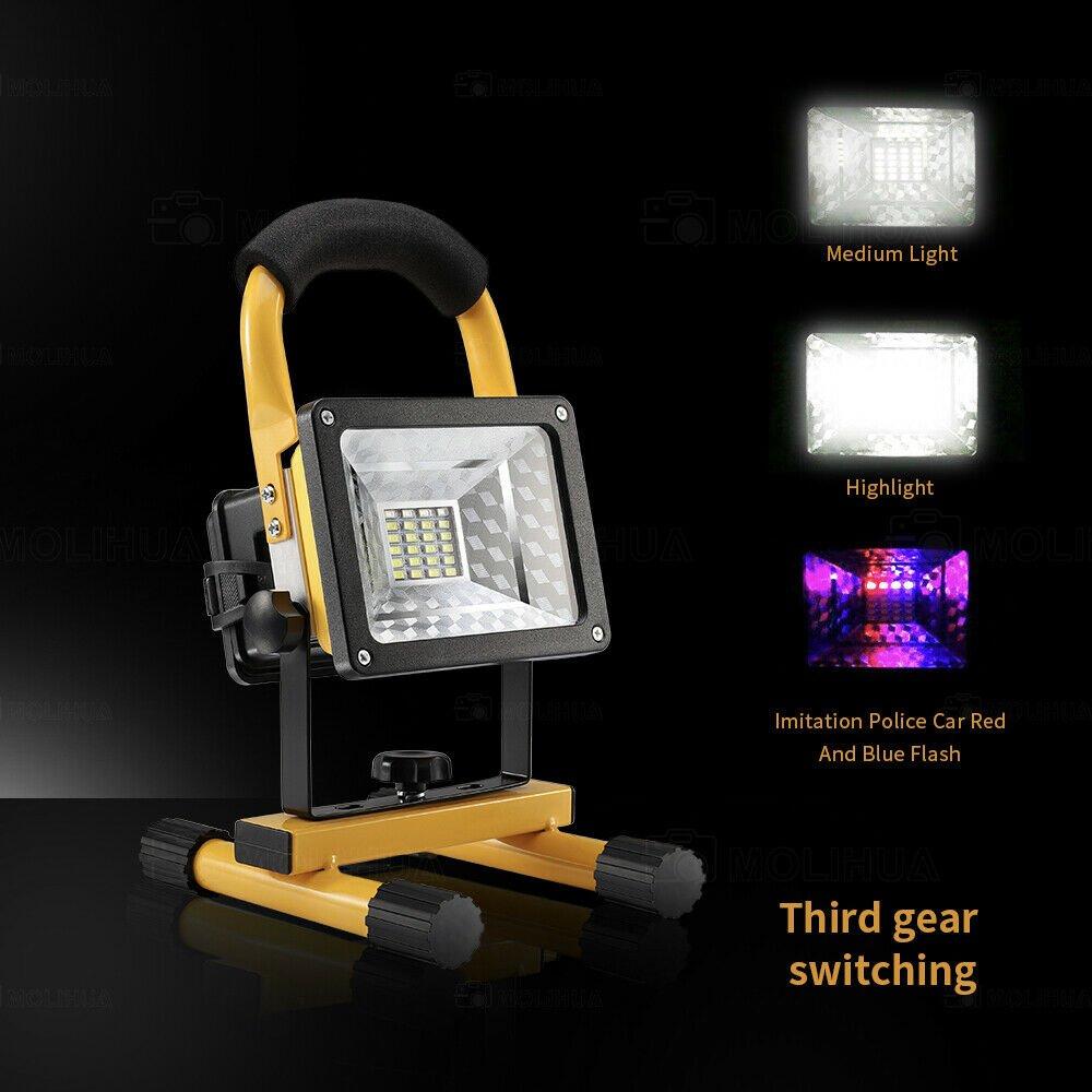 Ener-J 30W rechargeable LED floodlight in yellow and black, featuring a sturdy handle, adjustable brightness settings, and a compact design for versatile use.