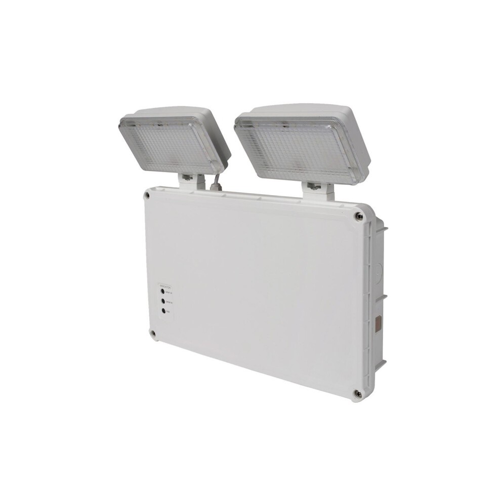White rectangular housing with two adjustable LED spotlights, featuring a clear lens and IP65 waterproof rating, designed for outdoor emergency lighting.