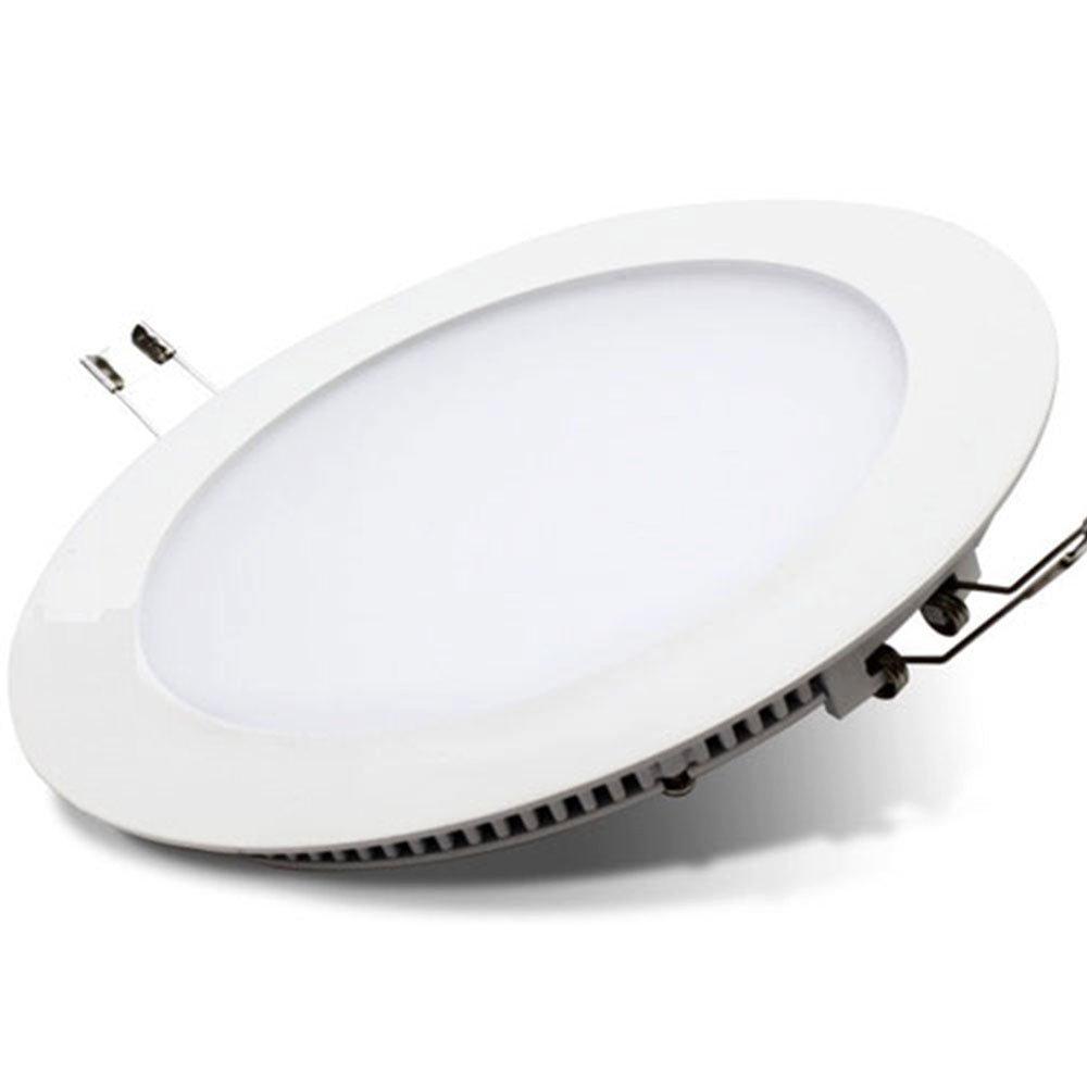 Round, white LED mini panel light with a 170mm diameter, featuring a smooth, frosted lens and metal clips for recessed installation, offering a 4000K color temperature in a pack of four.