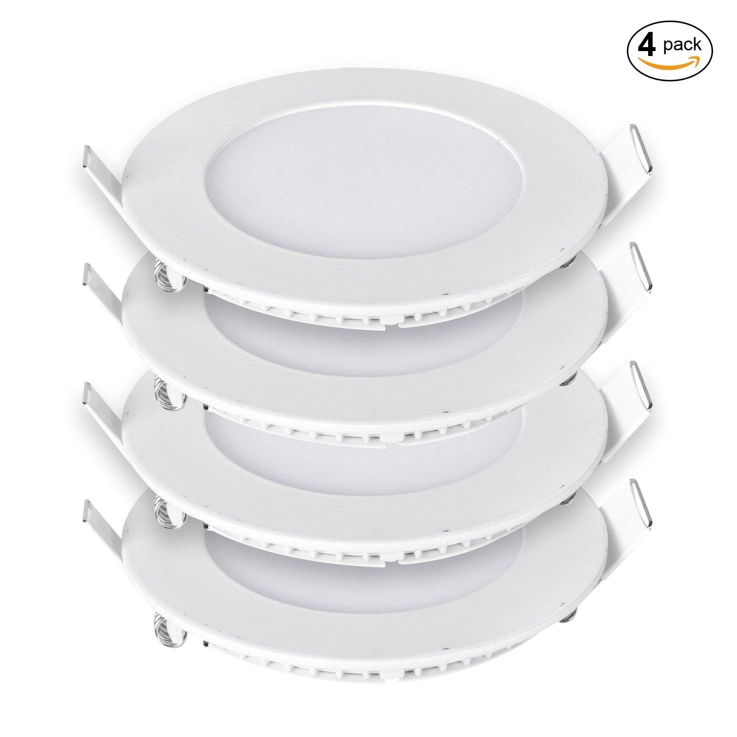 Four round, white LED mini panels with a diameter of 85mm and a hole size of 70mm, featuring a sleek design and included CE driver, rated at 90 Lm/Watt, 6000K color temperature.