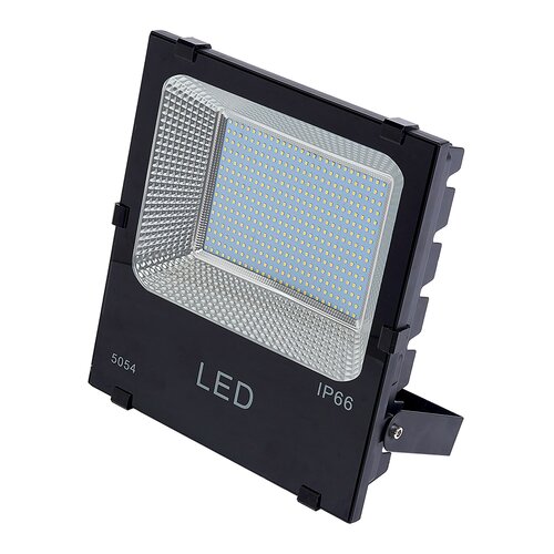Black LED floodlight with a textured lens, rated IP66, featuring a square design, metal housing, and a mounting bracket, providing 200W and 20000 lumens at 6000K color temperature.