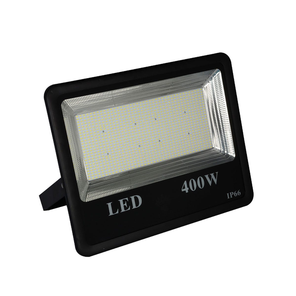 Black rectangular LED floodlight with a clear lens, featuring a grid of small lights, labeled "LED 400W" and "IP65," designed for outdoor use with a high brightness of 40000 lumens.