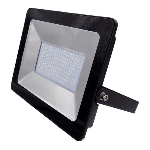 Black LED floodlight with a rectangular design, featuring a clear lens and a grid of small white LEDs, mounted on a sturdy metal bracket, rated IP65, 100W, 8000Lm, 6000K.