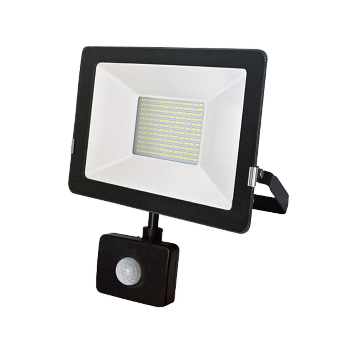 Ener-J 30W LED floodlight with a sleek black and white design, featuring a PIR motion sensor, IP65 rating, and a bright 2400Lm output at 6000K color temperature.