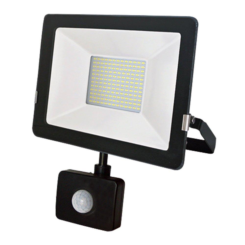 Slim black LED floodlight with a white lens and built-in PIR sensor, designed for outdoor use, emitting a cool 6000K light, mounted on an adjustable bracket.