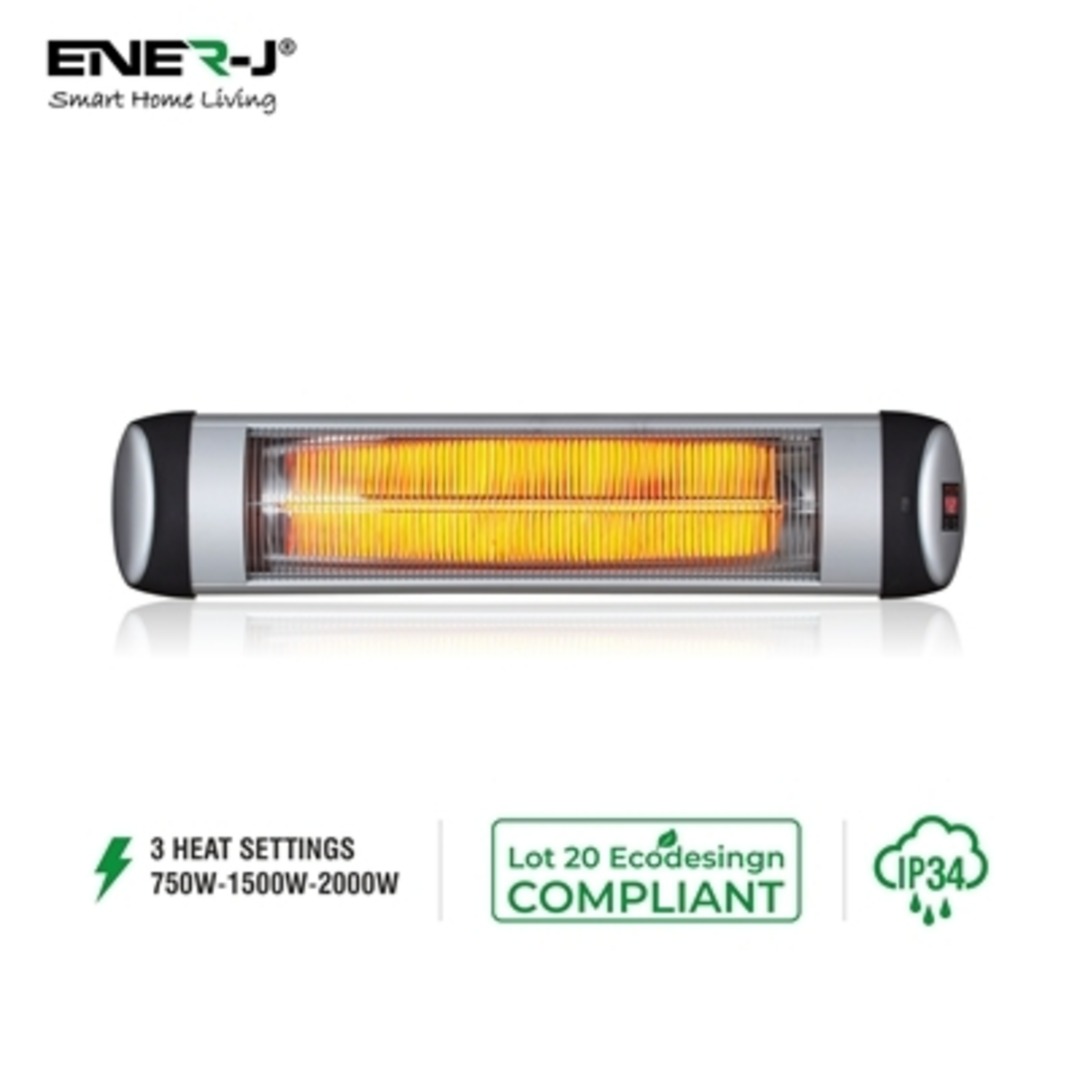 Wall-mounted black patio heater featuring a quartz tube, 2000W power, three heat settings, and an IP34 rating for water resistance.