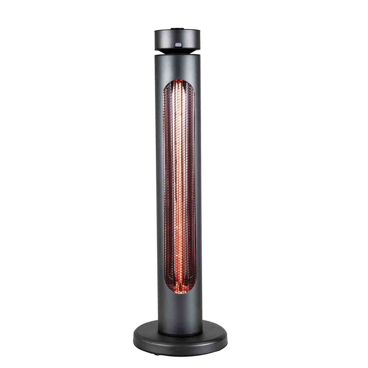 Tall black infrared heater with a sleek cylindrical design, featuring a glowing red heating element and an adjustable power setting knob on top.