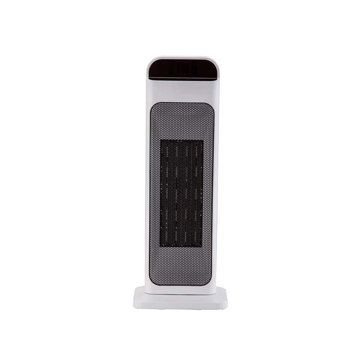 White ceramic heater with a sleek design, featuring a black mesh front and control panel at the top, designed for smart WiFi connectivity and a UK BS plug.