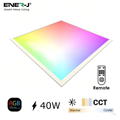 Square smart backlit panel in white with RGB and CCT color options, 40W power, includes a remote control for adjustable lighting.