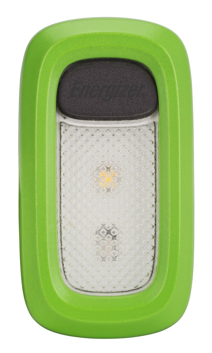 Green Energizer LED wearable clip light features a textured lens, two bright LEDs, and a durable design with an IPX4 water resistance rating.