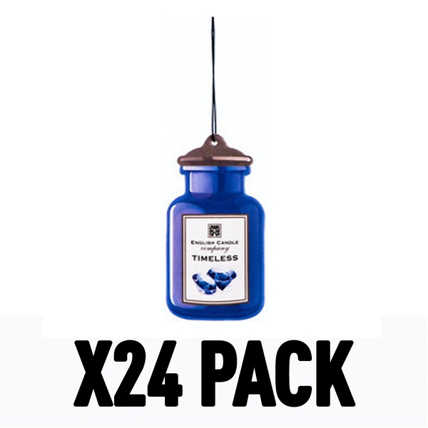 Blue glass jar-shaped air freshener with a brown lid, labeled "Timeless" by English Candle Company, featuring a diamond graphic, packaged as a set of 24.