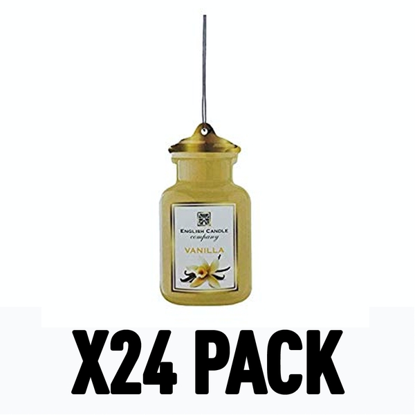 Yellow jar-shaped air freshener with a gold lid, featuring a vanilla scent label, presented in a pack of 24.