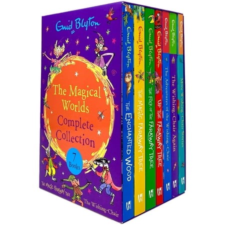 Colorful box set featuring seven books by Enid Blyton, titled "The Magical Worlds," with vibrant covers depicting whimsical illustrations and a sturdy cardboard case.