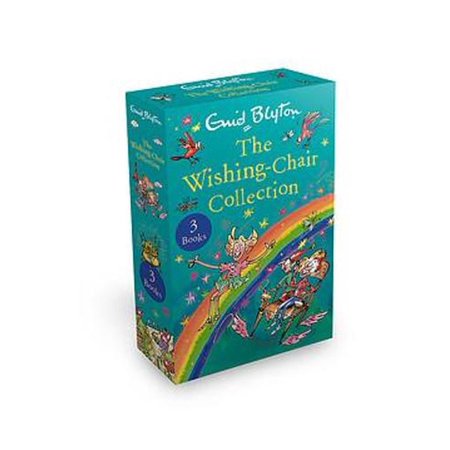 Bright turquoise box set featuring "The Wishing-Chair Collection" by Enid Blyton, adorned with colorful illustrations of fairies and a rainbow, containing three books.