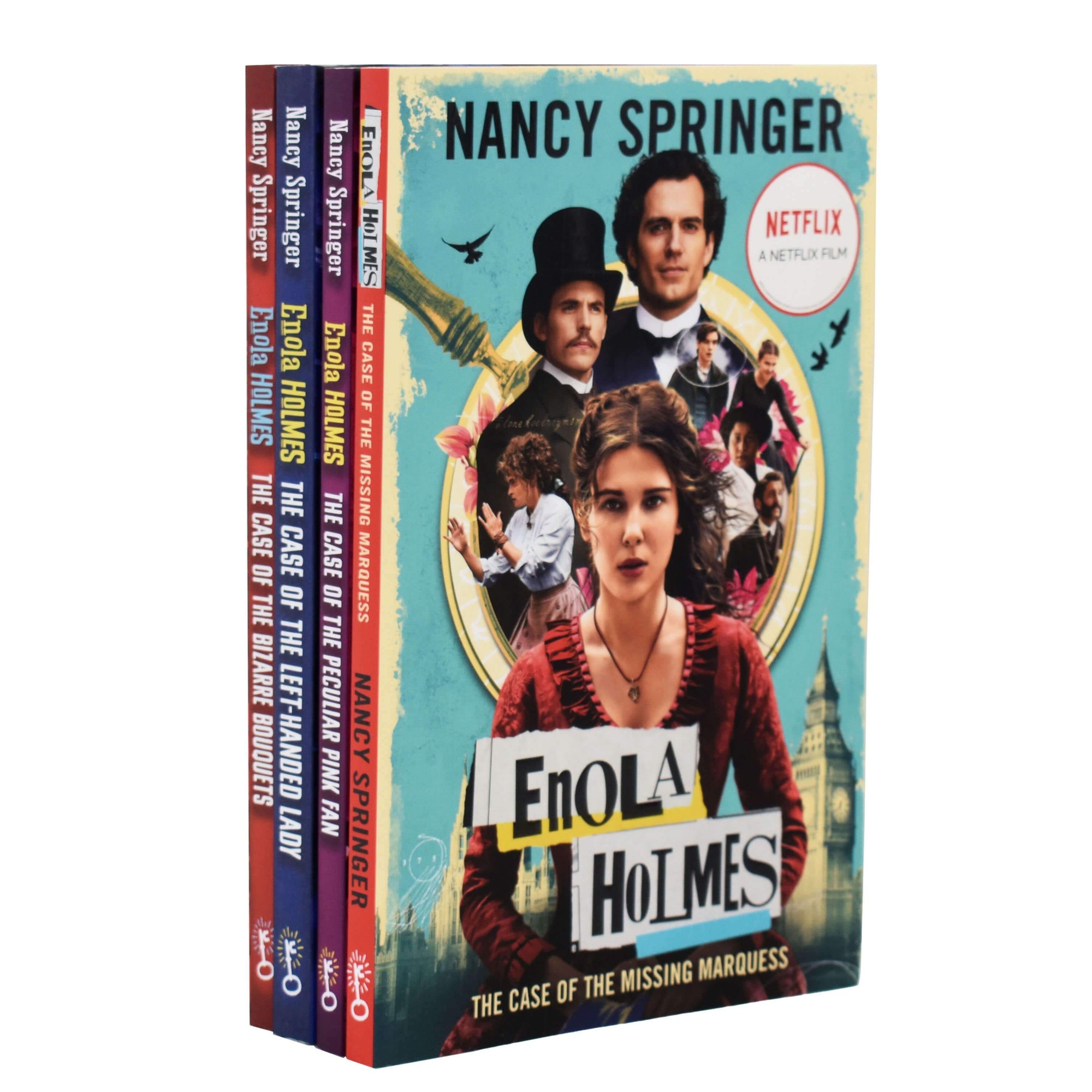 Four colorful paperback books from the Enola Holmes Mystery Series by Nancy Springer, featuring vibrant covers with characters and titles prominently displayed.