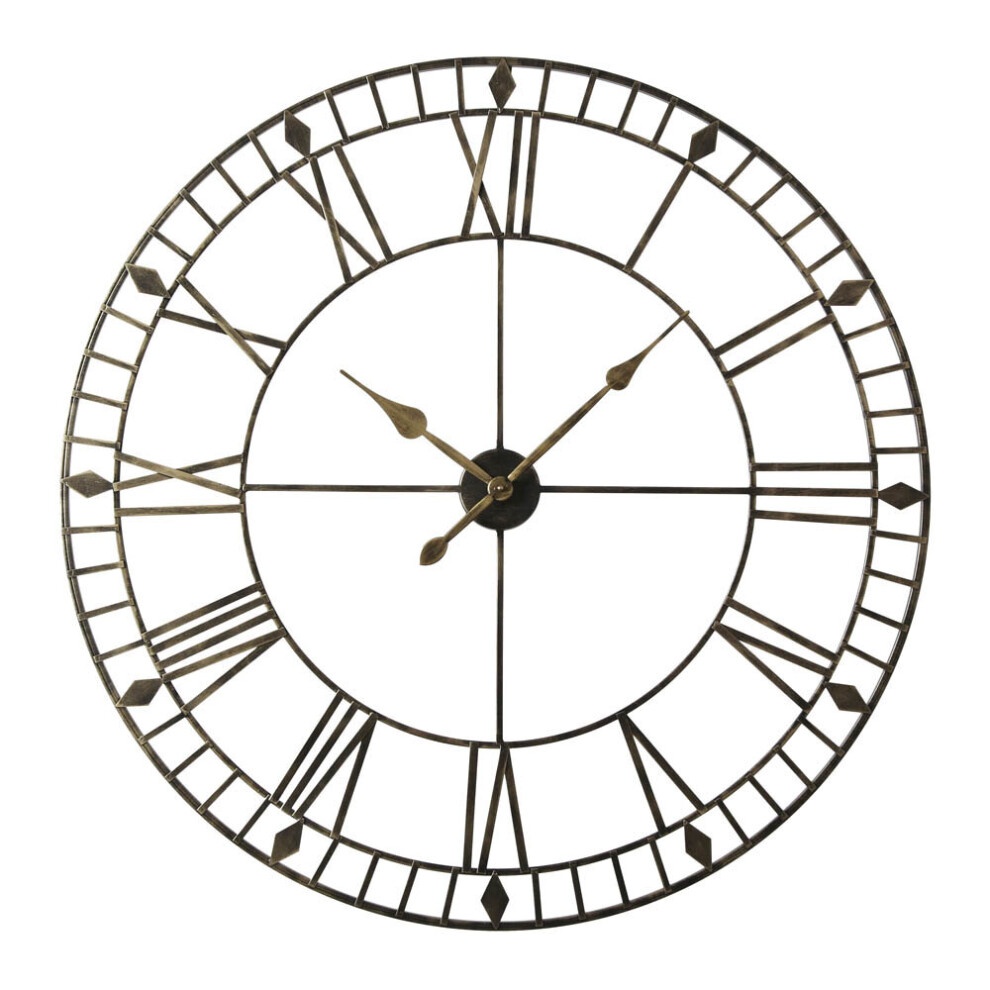 Skeleton wall clock in black and gold features Roman numerals, a minimalist design, and a round shape, measuring 100x100 cm.