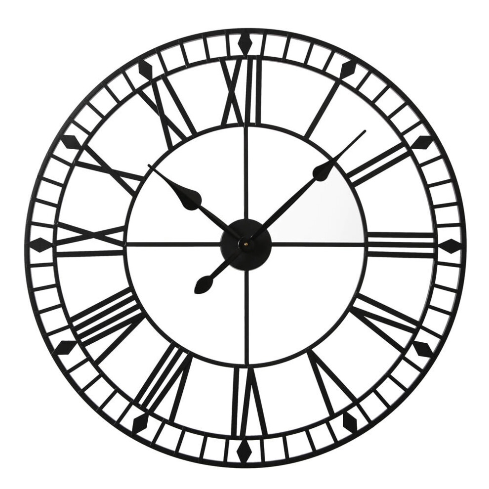 Black skeleton wall clock with Roman numerals, measuring 80x80 cm, featuring a minimalist design and contrasting black hands against an open frame.