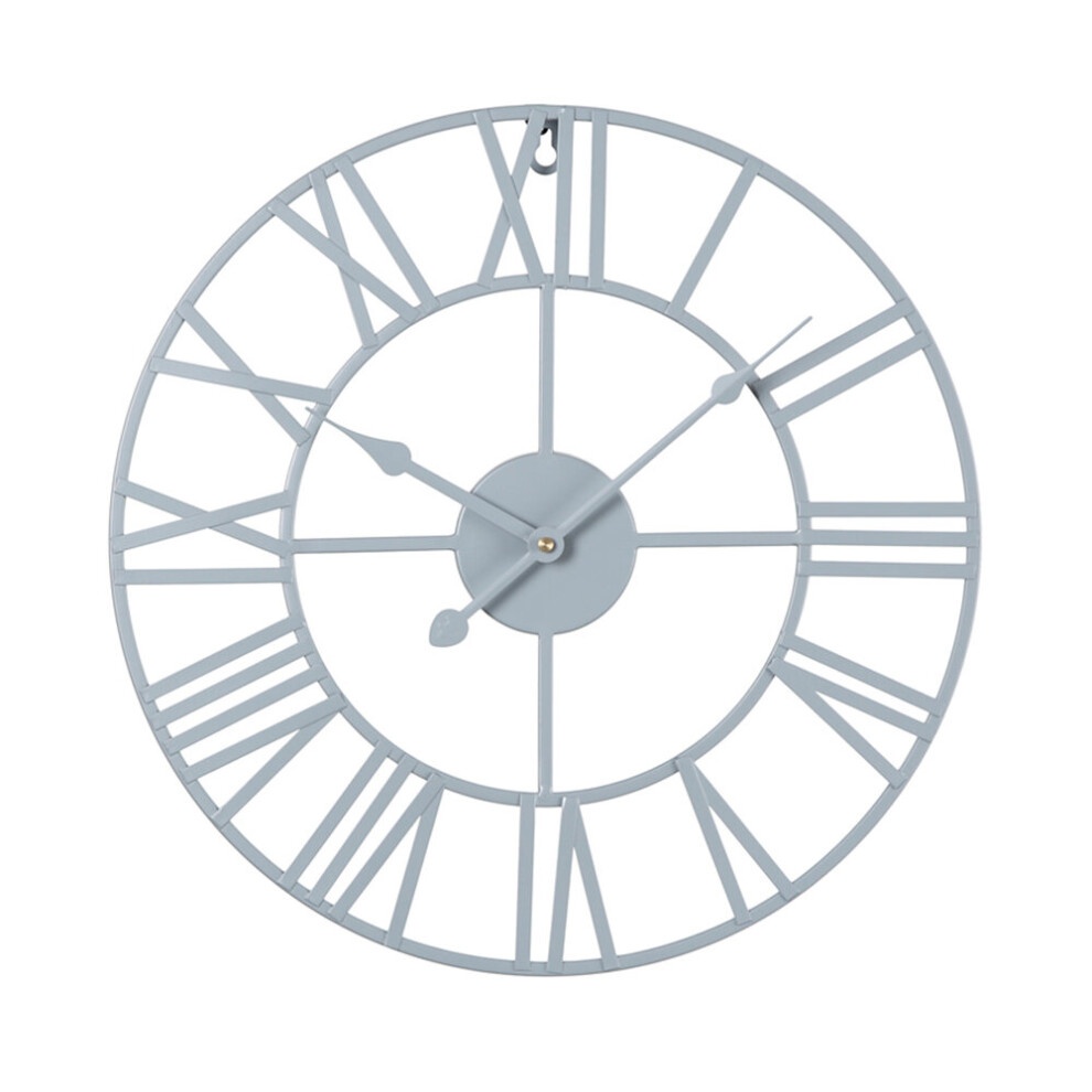 Grey skeleton wall clock with Roman numerals, featuring a minimalist design and a central round dial, measuring 40 cm in diameter.