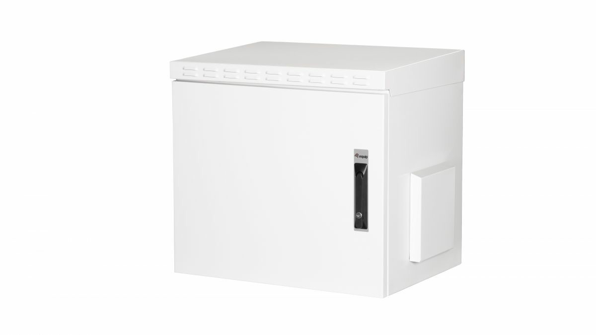 19-inch outdoor cabinet in RAL7035 grey, made of durable material, featuring a front door with a lock, ventilation slots on top, and a side handle for easy access.