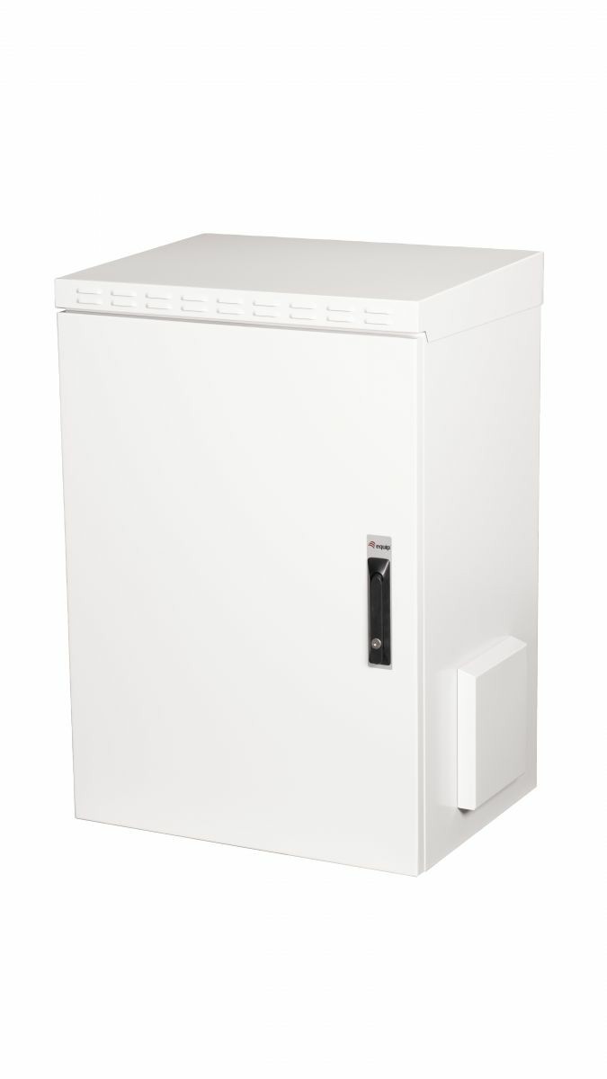 19-inch outdoor cabinet in RAL7035 grey, featuring a sturdy metal construction, lockable front door, ventilation slots on top, and a compact design measuring 16U and 600x450mm.