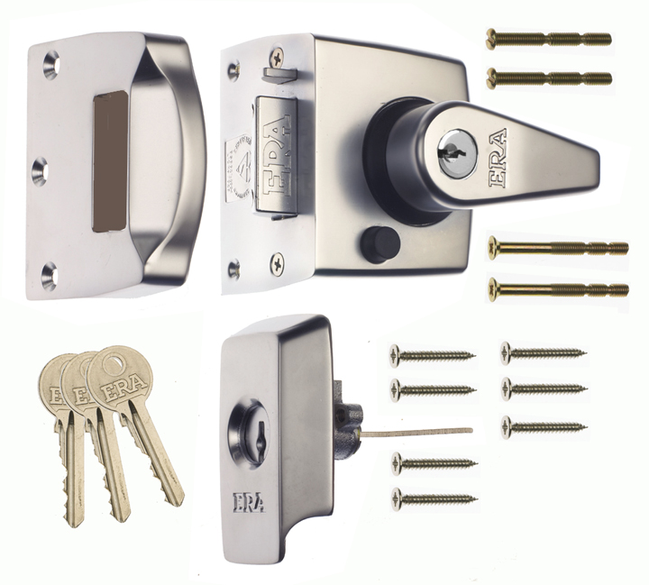 Satin chrome auto deadlocking nightlatch with a 40mm backset, featuring a cylinder, keyhole, and three ERA keys, accompanied by screws and a strike plate.