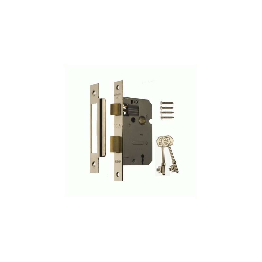 Chrome 64mm Era 473-62 3 lever sashlock with a metal body, two brass levers, a keyhole, and accompanying screws and strike plate for installation.